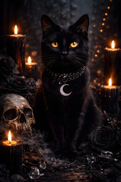 a black cat sitting in front of candles with a crescent moon on it's collar Halloween Halloween Black Cat Halloween Cat Iphone, Black Cat Aesthetic, Black Cat Witch,