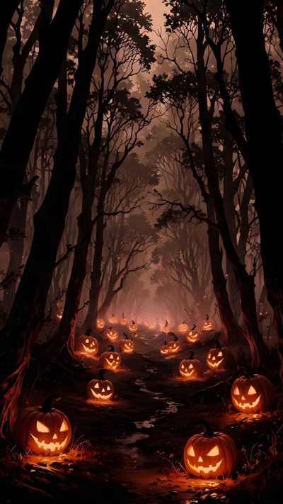 halloween pumpkins are lit up in the dark forest with trees and lights on them Halloween Woods Halloween, Image Halloween, Halloween Iphone Backgrounds, Halloween Backgrounds, black