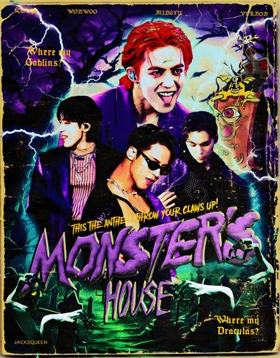 a poster for the movie monsters house, featuring two men and one woman in front of a Seventeen Halloween Hoshi Poster, Seventeen Concert Poster, Seventeen Halloween, dark slate gray