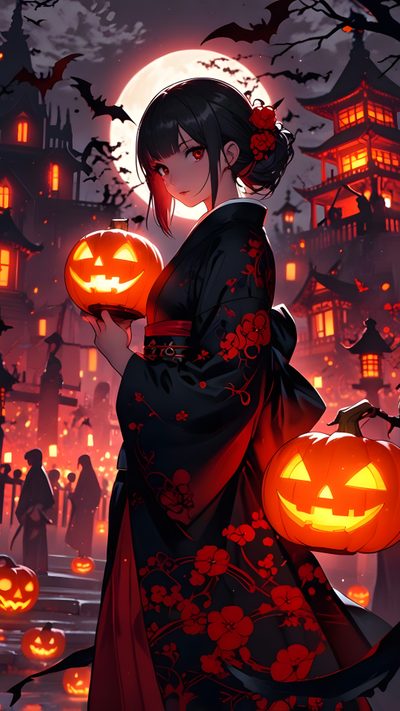 a woman holding two pumpkins in front of a full moon with bats flying around her Japanese Halloween Halloween Anime Iphone, Goth, Anime Halloween Anime, Halloween Anime 4k, maroon