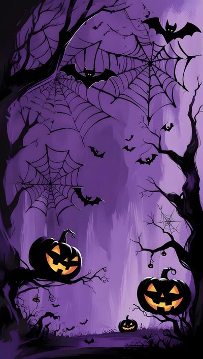 two jack o lantern pumpkins sitting in the middle of a forest filled with bats Purple And Black Halloween Halloween Color Palette, Holiday Iphone, Image Halloween, dark slate blue