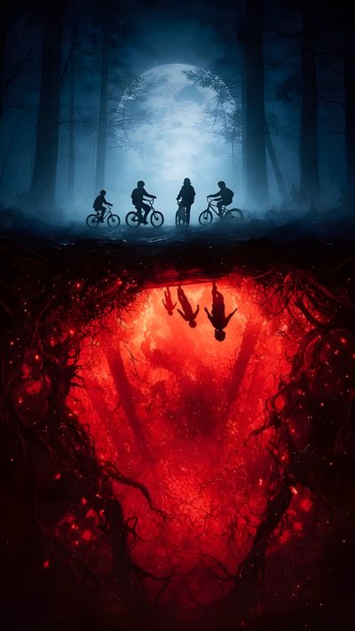 three people riding bikes in the woods at night with red light coming from their eyes Stranger Things Halloween Stranger Things Background Hd, Stranger Things Upside Down, Stranger Things Watch Face, black
