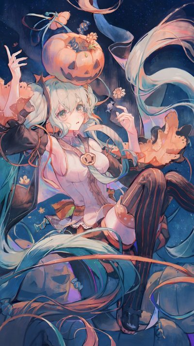 an anime character with long hair holding a pumpkin Halloween Miku Hatsune Miku Halloween, Hatsune Miku Fall, Halloween Hatsune Miku, Halloween Miku, dim gray