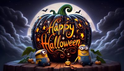 two minion characters sitting on top of a pumpkin Minion Halloween Desktop Minions Halloween Gif, Minion Halloween Quotes, Minion Halloween Desktop, dark slate gray