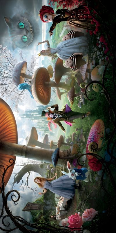 an image of many different people in the forest with mushrooms and flowers on them, all surrounded by trees Halloween Alice Custom Alice In Wonderland 4k, Alice In Wonderland Image, Wonderland 4k, dark olive green