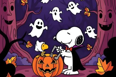 snoop and his friends are in the woods with pumpkins, ghost's and jack - o - lanterns Snoopy Halloween 4k Snoopy Halloween Cover Photo, Halloween Tablet, Snoopy Halloween Background Computer, dark slate gray