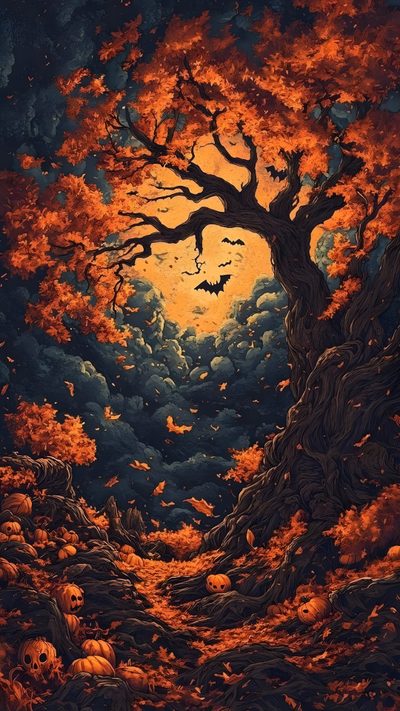 a painting of a tree in the middle of a forest with bats flying over it Halloween Tree Creepy Fall Backgrounds, Scary Fall Background, Scary Fall, Spooky Autumn, dark slate gray