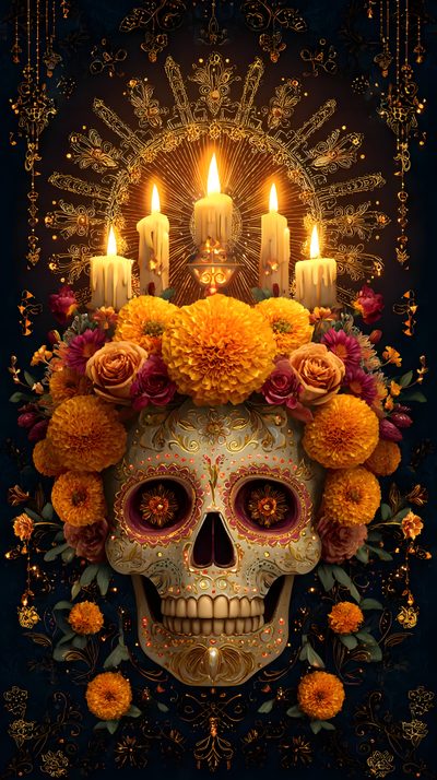a skull with flowers and candles on its head Mexican Halloween Fond D Ecran, Santa Muerte, Dia De Los Muertos Background, black