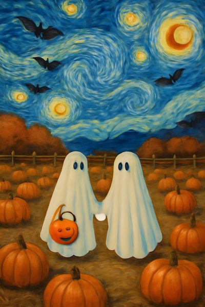 two ghost - like figures with pumpkins in front of a starry night sky Matching Halloween For 2 Couple Halloween Backgrounds, Couples Halloween, Van Gogh Starry Night Halloween, dim gray