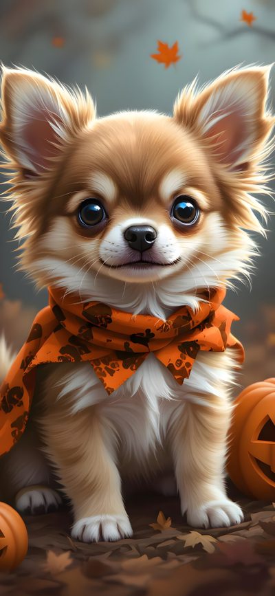 a small dog wearing an orange scarf and pumpkins sits in front of the camera Halloween Chihuahua Cute Chihuahua, Chihuahua Halloween Background, Cute, Cute Halloween Puppy, dim gray