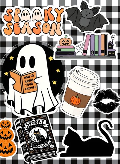 halloween stickers are arranged on a black and white checkered tablecloth Halloween Kindle Kindle Insert Background, Easter Kindle Insert, Horror Themed Kindle Lockscreen, gray