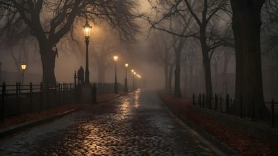 a foggy street at night with lights on and trees lining the sidewalk in the foreground Halloween Road Dark Vintage Aesthetic, Haunting Aesthetic, Foggy Park Path With Street Lamps, dark slate gray