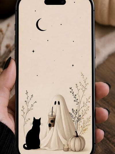 a person holding up an iphone case with a ghost and black cat on the cover Modern Smartphone With Halloween Minimalist Halloween, Halloween Magic, Whimsical Halloween, wheat