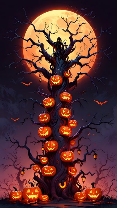 a halloween tree with pumpkins on it in front of a full moon Halloween Tree Jack O Lantern Phone, Halloween Pumpkin Tree, Halloween Android, dark slate gray