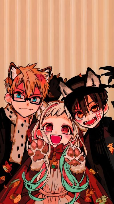 three anime characters sitting next to each other in front of a wall with leaves on it Tbhk Halloween Phone, Lock Screen, Hanako Kun Iphone, Tbhk Official Art, Phone Backgrounds, dark salmon