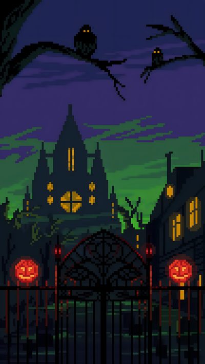 an image of a halloween scene with pumpkins in front of a gate at night Halloween Pixel Art Pixel Fall Background, Pixel Fall, Graveyard Pixel Art, dark slate gray