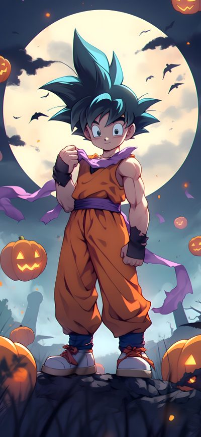 a young gohan standing in front of a full moon with pumpkins around him Halloween Goku Anime Character Spooky Theme, Anime-themed Halloween Decorations, Dragon Ball Character In Halloween Setting, dim gray