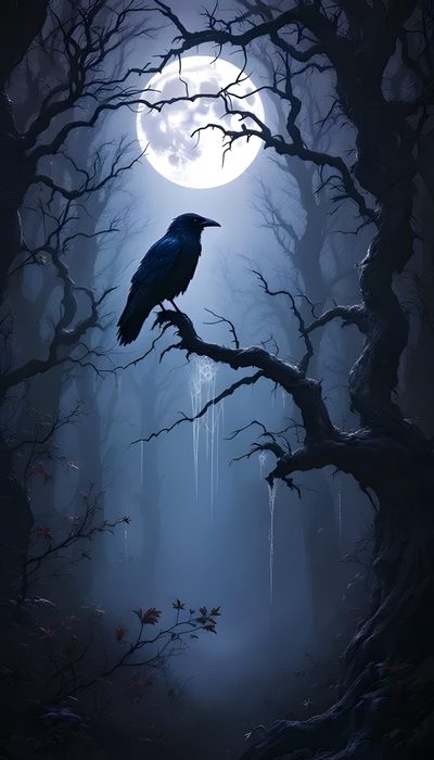 a black bird sitting on top of a tree branch in front of a full moon Halloween Raven Raven And Full Moon, Ravens And Moons, Raven And Moon, Night Forest Raven, dark slate gray