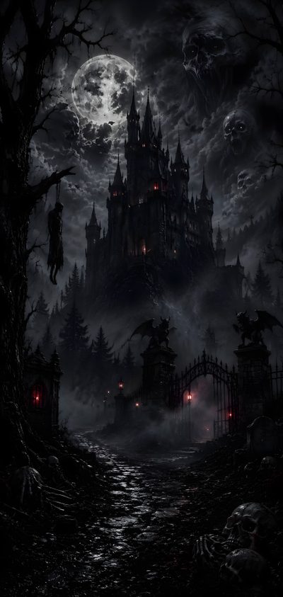 a creepy castle in the middle of a forest at night Halloween For Bedroom Dark Fantasy Aesthetic, Halloween, Glow Pumpkin, Backgrounds Desktop, Design, black