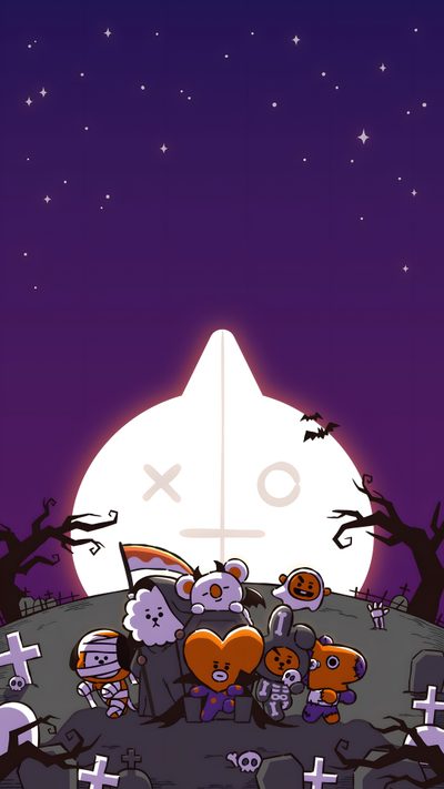 an animated halloween scene with the moon in the background and tombstones on the ground Bt21 Halloween K Pop Halloween, Bt21 Pumpkin Painting, Bt21 Fall, Bt21 Thanksgiving, midnight blue