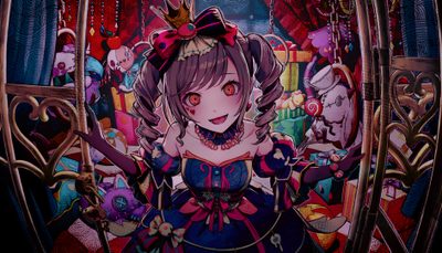 an anime character standing in front of a mirror with many other characters around her, Pjsk Halloween Splatter Party Miku, Halloween Pjsk Cards, Project Sekai Halloween Cards, dark slate gray