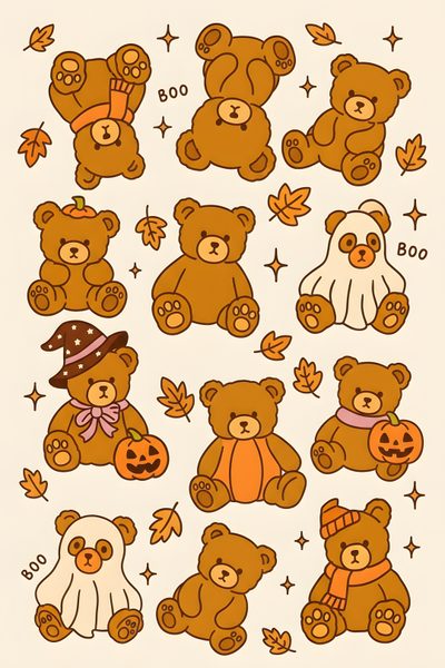 a bunch of teddy bears with pumpkins and stars around them on a white background Teddy Bear Halloween Halloween Cute Art, Cute Bear Halloween, Fall Teddy Bear Drawing, antique white