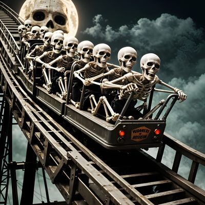 a group of skeletons riding on top of a roller coaster Halloween Roller Coaster Halloween Roller Coaster, Mr Bones Wild Ride, Skeleton Rollercoaster, dark slate gray