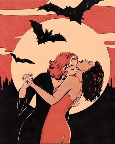a man and woman kissing in front of a full moon with bats flying over them Sapphic Halloween Vintage Lesbian, Art Noir, Lesbian Art, Dancing In The Dark, Queer Art, indian red