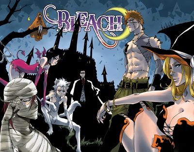 an image of a group of people in halloween costumes with bats and witches around them Bleach Halloween Ichigo Halloween, Bleach Bambis, Bleach Pumpkin, Bleach Art Spreads, dark slate gray
