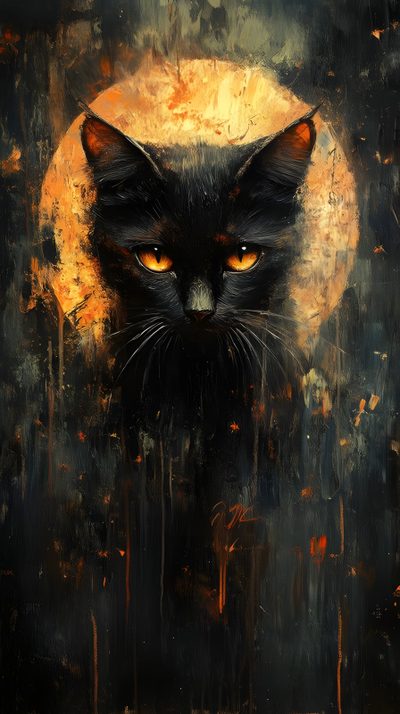 a painting of a black cat with yellow eyes and an orange circle in the background Halloween Fiery Felines-black Custom Color On Black Background, Black Cat Halloween, Black Cat Art,