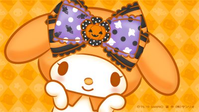 an animal with a purple bow on it's head is standing in front of a checkered background My Melody Halloween Hello Kitty Halloween Header, Sanrio Fall Desktop, My Melody Fall, sandy brown
