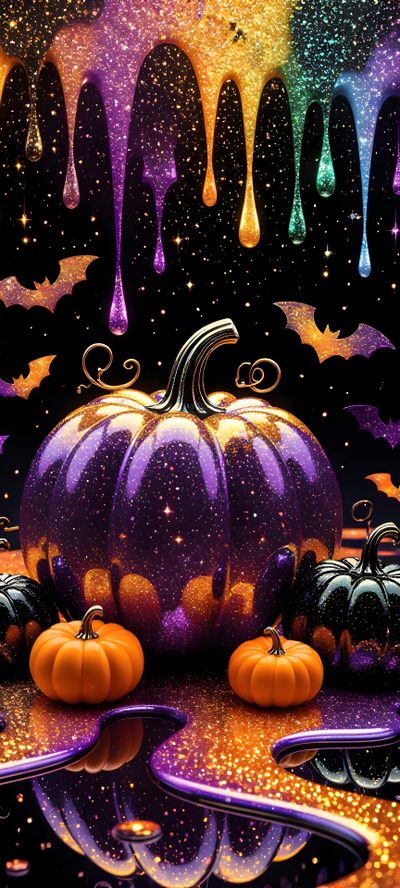 a painting of pumpkins and bats on a black background with colorful paint drips Halloween Glitter Iphone Halloween Live, Halloween Android, Glitter Phone, Beautiful Halloween, black