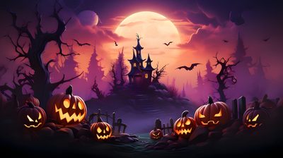 halloween pumpkins in front of a full moon and castle with bats flying over it Halloween For Teams Halloween Decoration Ideas, Halloween Haunted House With Pumpkins, Pumpkin Patch With Full Moon, dark slate gray