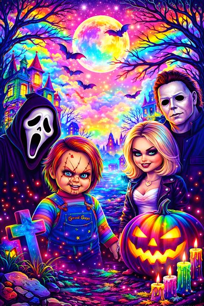the family is dressed up for halloween in front of a full moon and graveyard scene Lisa Frank Halloween Halloween Cartoon Characters, Lisa Frank Backgrounds, Chicago Bears, dark slate blue