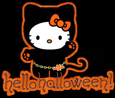 an image of a hello kitty with chains on it's neck and the word hello kitty written in orange Cute Hello Kitty Halloween Gif Hello Kitty And Friends Halloween Gif, Halloween Hello Kitty Gif, Fall Hello Kitty Gif, black