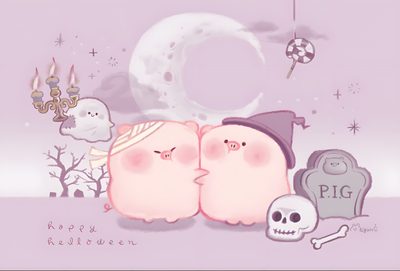 two pigs kissing each other in front of a full moon and graveyard with skulls on the ground Halloween Pig Cute Halloween Pig, Halloween Pig, Pig Mochi, Cute Pig Art Kawaii, thistle