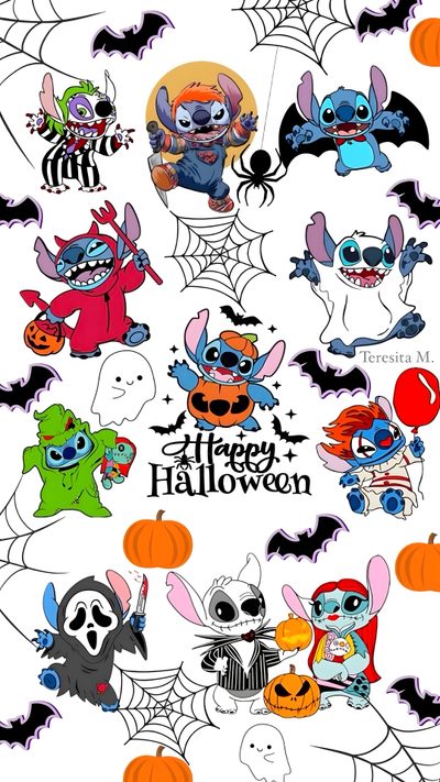 halloween stickers with cartoon characters and pumpkins on the bottom, in various colors Cute Stitch Halloween Stitch Ghostface, Fall Stitch, Lilo Halloween, Spooky Stitch, snow