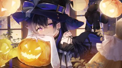 a girl dressed up as a witch holding a pumpkin Anime Halloween Desktop Halloween Background Vtuber, Anime Halloween Desktop, Anime Halloween Scene, dim gray