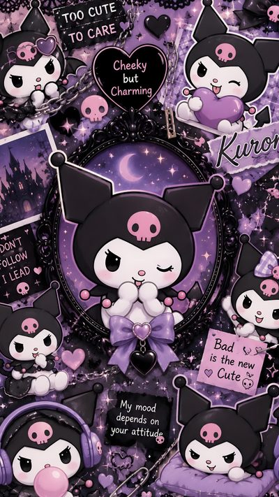 a bunch of stickers that are on top of each other in purple and black Halloween Kuromi Aesthetic Purple Vibe, Y2k, Hello Kitty Backgrounds, Room Posters, dark slate gray