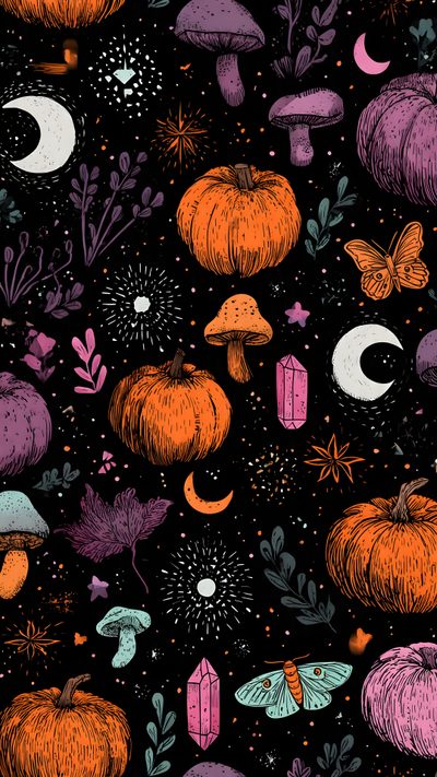 a black background with orange and purple pumpkins, mushrooms, leaves, butterflies and stars Halloween Colors Dark Background Aesthetic, Spooky, Cute Halloween Backgrounds, Halloween Backgrounds, black