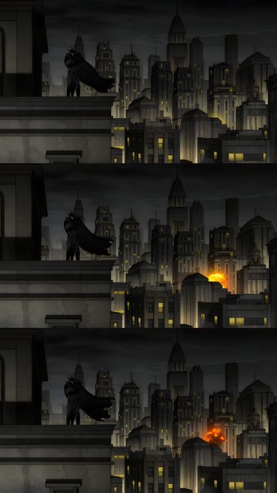 an animated scene of batman flying over the city at night with buildings in the background Batman The Long Halloween 2 The Long Halloween, Batman Long Halloween, Batman The Long Halloween, black