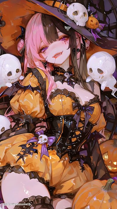 a woman with pink hair wearing a yellow dress and hat, surrounded by halloween decorations Halloween Anime Ideas Halloween Art, Arte Anime, Halloween, Design, Manga, sienna