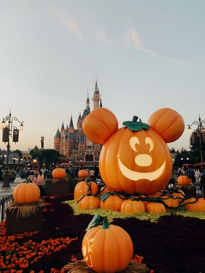 mickey mouse pumpkins with faces carved into them in front of disney's castle Walt Disney World Halloween Disneyland Fall, Disney World Fall, Disneyland Halloween, peru