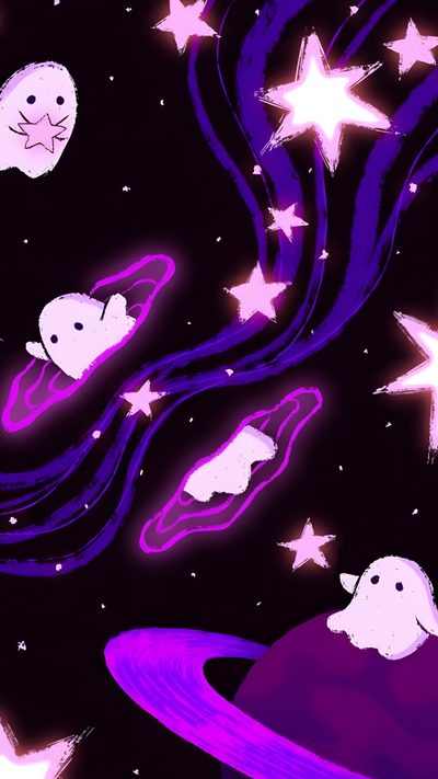 the space is filled with stars and ghost like creatures in purple, black and white colors Halloween Space Purple Background Ghost Art, Space Ghost, Cute Space Aesthetic Art, Cute Purple Ghost, black