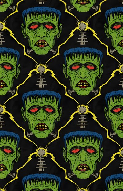 an image of a green zombie with red eyes Halloween Monster Pattern Vintage Horror, Classic Monsters, Cute Frankenstein, Retro Horror, black