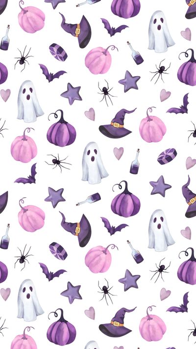 watercolor halloween seamless pattern with ghost and pumpkins Halloween Bats And Pumpkins - Lilac Halloween Backgrounds Purple, Halloween Patterns, Cute Purple Halloween Background, white