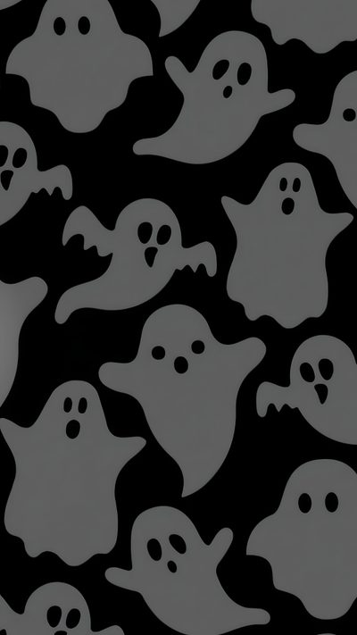 black and white halloween ghost wallpaper with pumpkins in the middle, on a dark background Cute Black Halloween Simple Spooky Background, Halloween Iphone Aesthetic Black And White, Halloween Backgrounds For Ipad, dim gray
