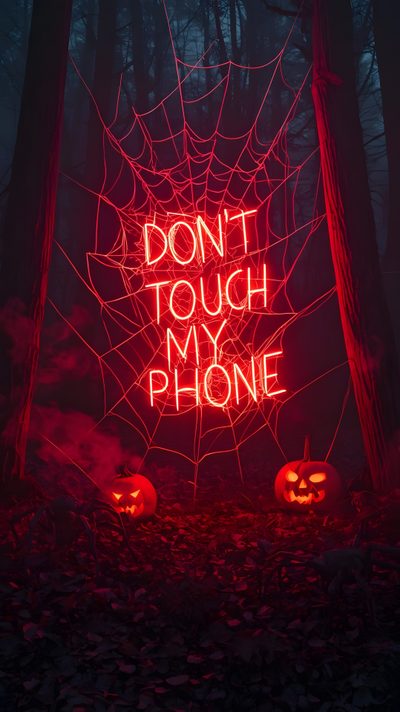 two carved pumpkins sitting in the middle of a forest with words don't touch my phone Lock Screen Lock Screen Aesthetic Halloween Iphone Halloween Iphone Lock Screen, Scary Halloween Phone Backgrounds, Lock Screen Scary For Iphone, black