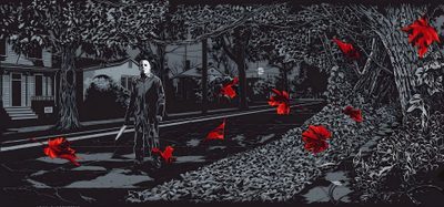 a man standing in the middle of a street surrounded by red flowers and leaves, Halloween 2018 Michael Myers Horror Macbook, Horror Horizontal, Horror Laptop, black