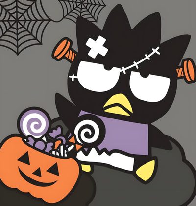 a cartoon penguin is holding a candy in a halloween pumpkin basket with a spider on it Badtz Maru Halloween Badtz Maru, Halloween Iphone, Halloween, Kawaii Halloween, Sanrio, olive drab
